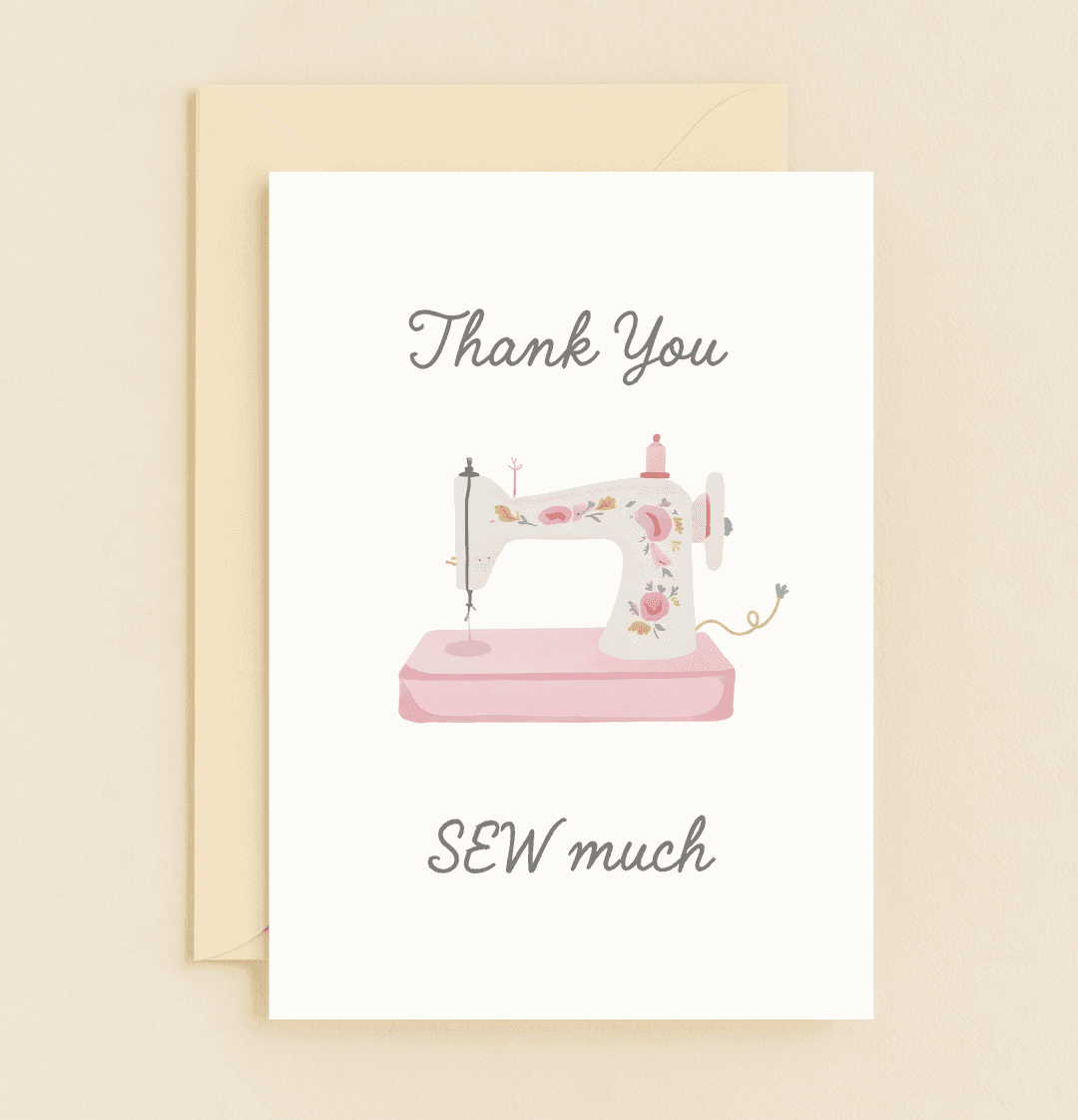 Express heartfelt thanks with a whimsical card featuring a vintage sewing machine and playful floral design, perfect for those who appreciate a punny touch.
