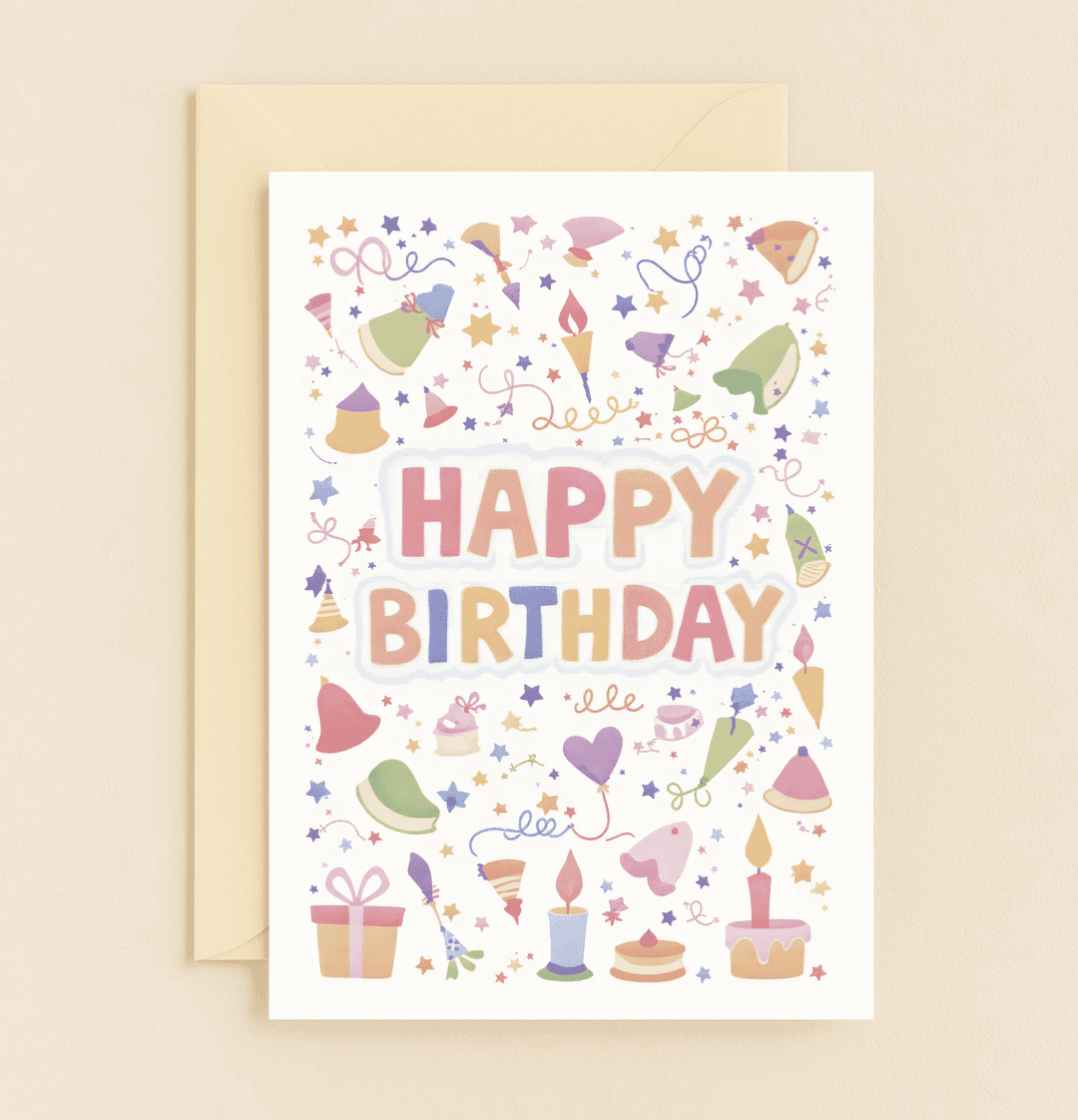 Celebrate birthdays with vibrant joy and whimsy in every color, featuring playful illustrations of party hats, candles, cupcakes, and more!.
