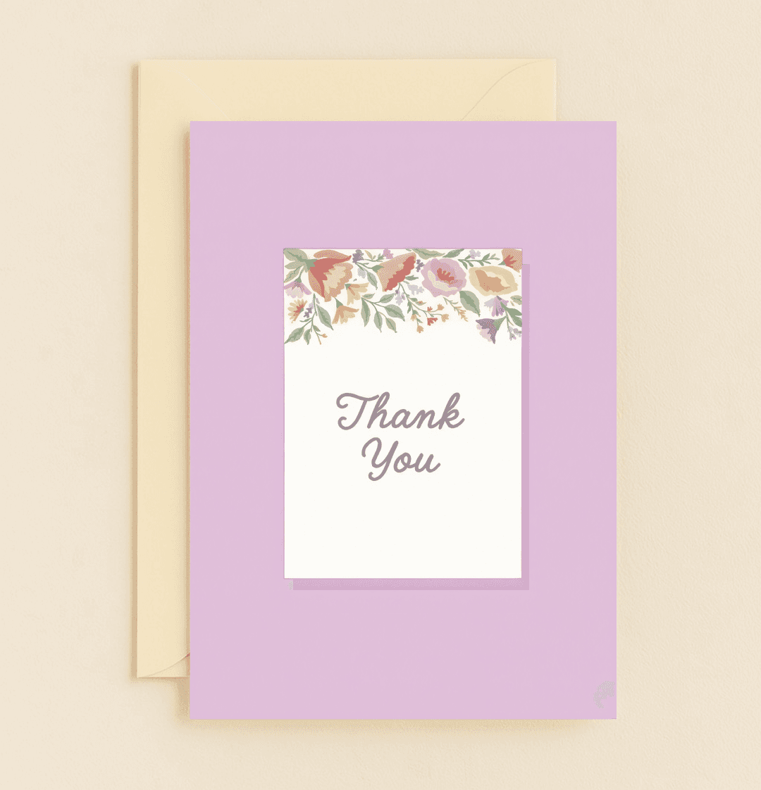 Express your heartfelt thanks with "Floral Gratitude in Full Bloom," a card featuring elegant calligraphy and vibrant floral artwork on a soothing lavender backdrop.