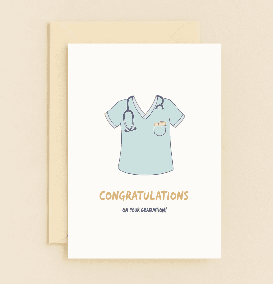 Celebrate their medical school graduation with this charming card featuring a hand-drawn scrub top, stethoscope, and pocket protector design.