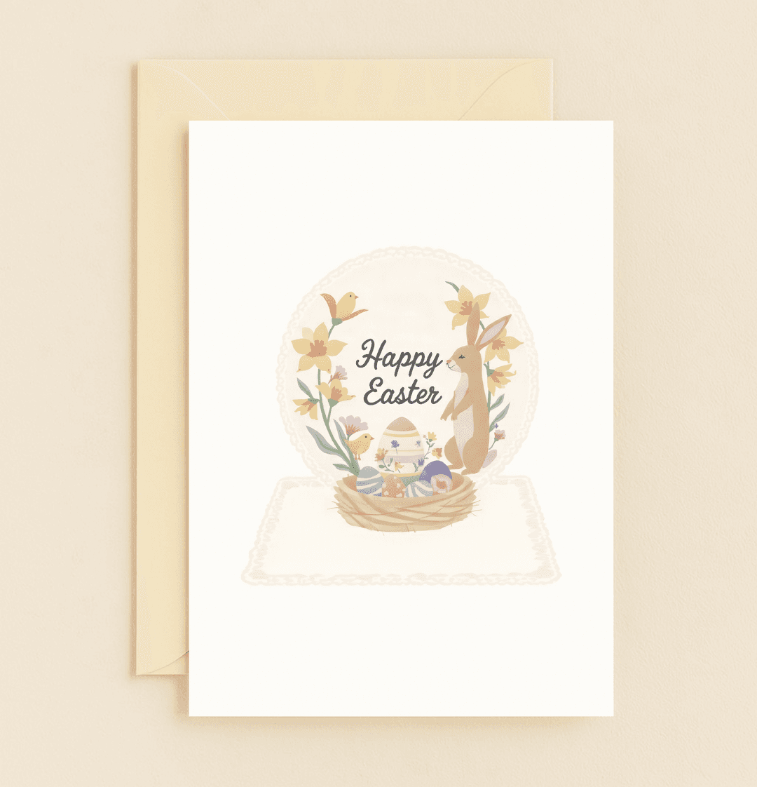 Celebrate Easter with a charming card featuring a bunny, colorful eggs, spring flowers, and playful birds, perfect for spreading seasonal joy.