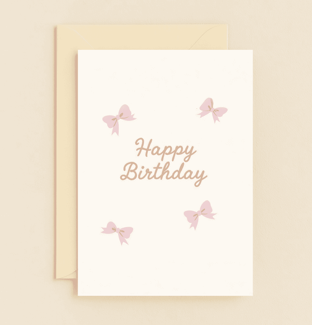 Delight in a touch of elegance with the "Charming Bows & Birthday Wishes" card, featuring pink cursive and playful bows on a pristine white background.