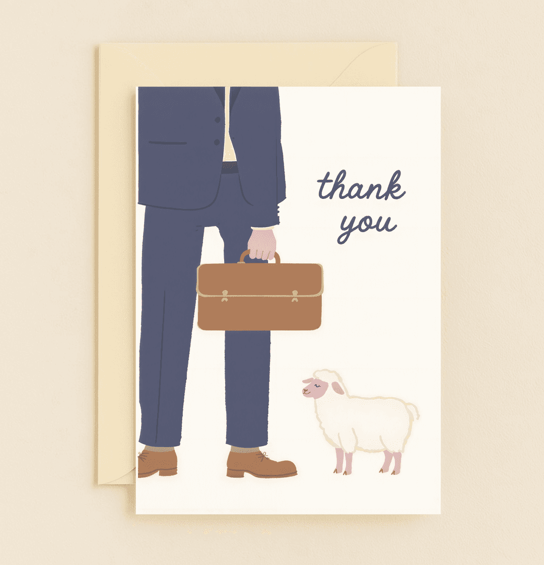 Express gratitude with a charming twist using our unique card featuring a business suit, briefcase, and a playful lamb pun for a memorable thank you.