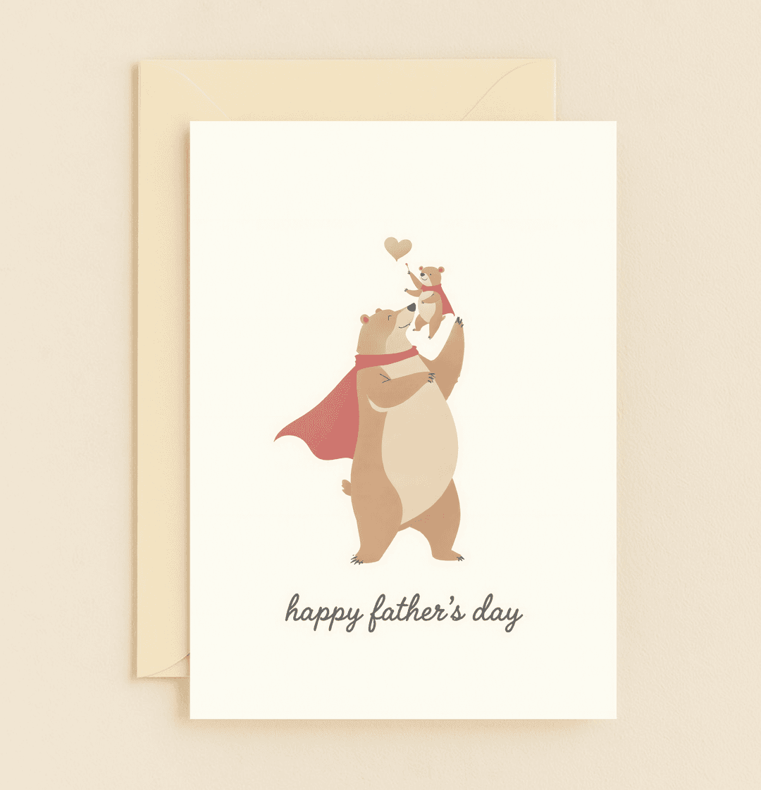 Celebrate Father's Day with this heartwarming card featuring superhero bears in red capes, playful wordplay, and nurturing vibes, perfect for your super dad.