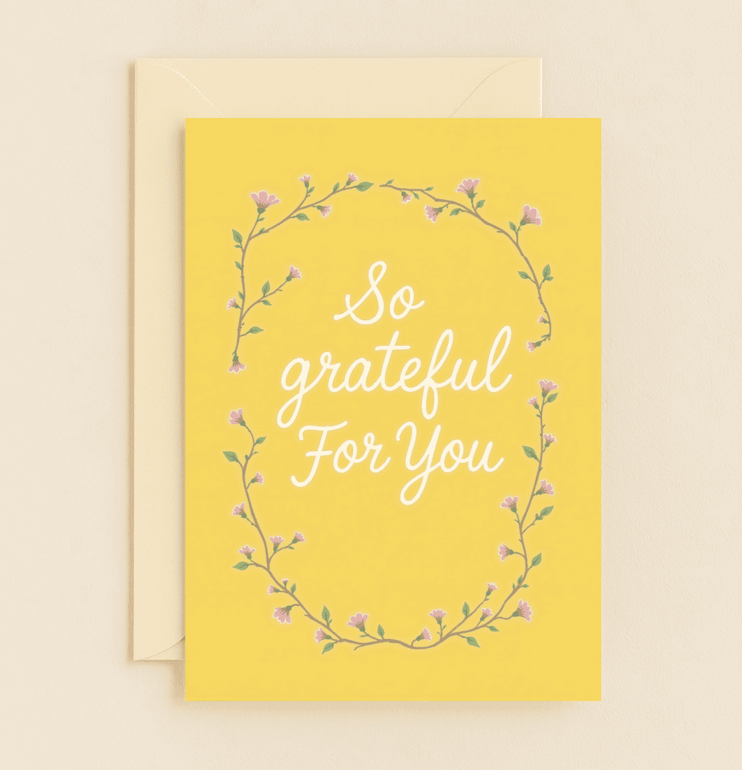 Express heartfelt thanks with this elegant card featuring a floral border and graceful script on a bright yellow background.