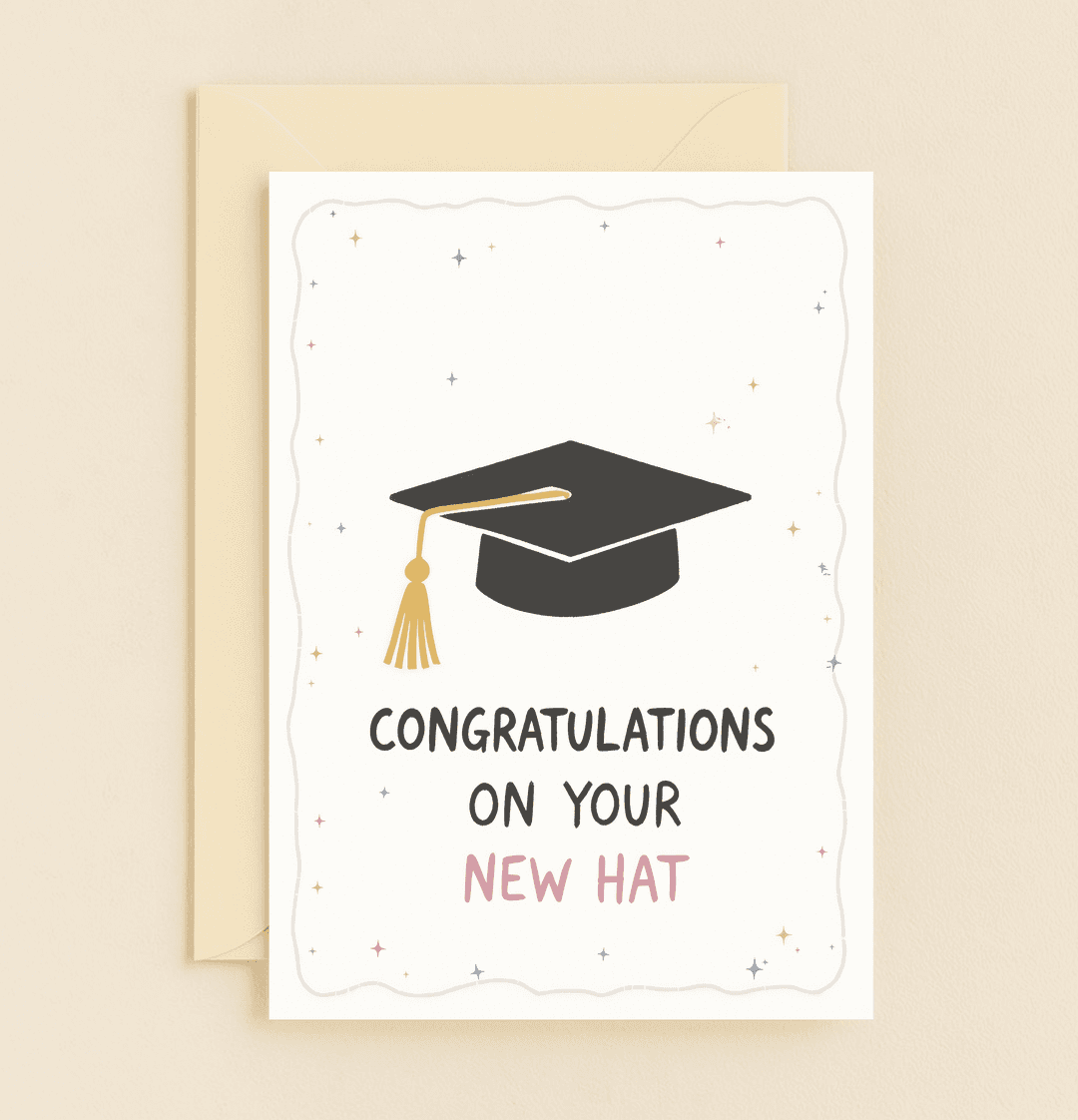 Celebrate their achievement with a witty graduation card featuring a playful cap pun and festive stars, perfect for marking new beginnings.