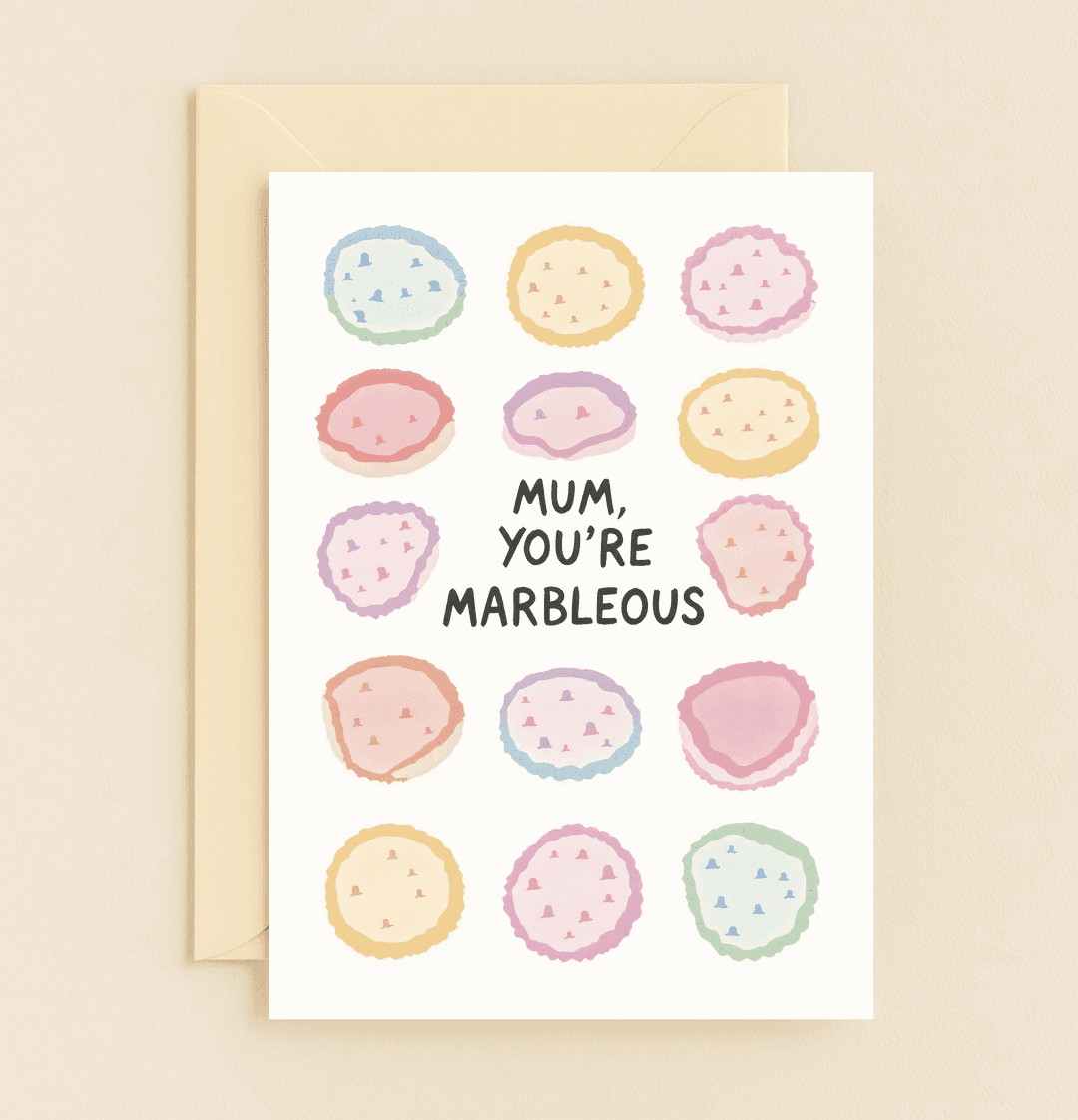 Celebrate Mother's Day with a playful marble-patterned card featuring pastel hues and a punny message: "MUM, YOU'RE MARBLEOUS.