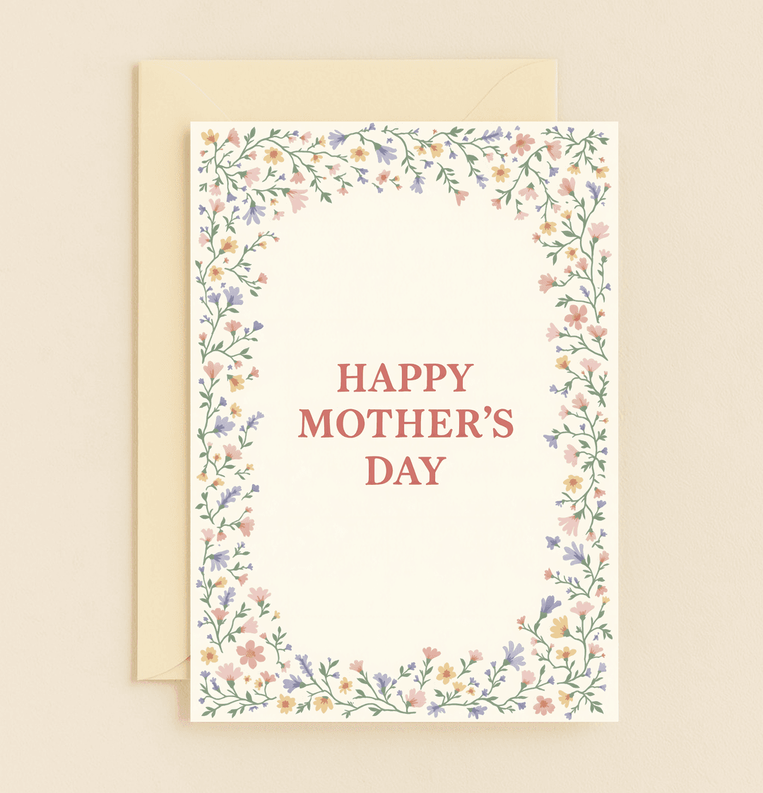 Celebrate Mother's Day with a card featuring a delicate floral border and bold "HAPPY MOTHER'S DAY" greeting, perfect for expressing elegant appreciation.