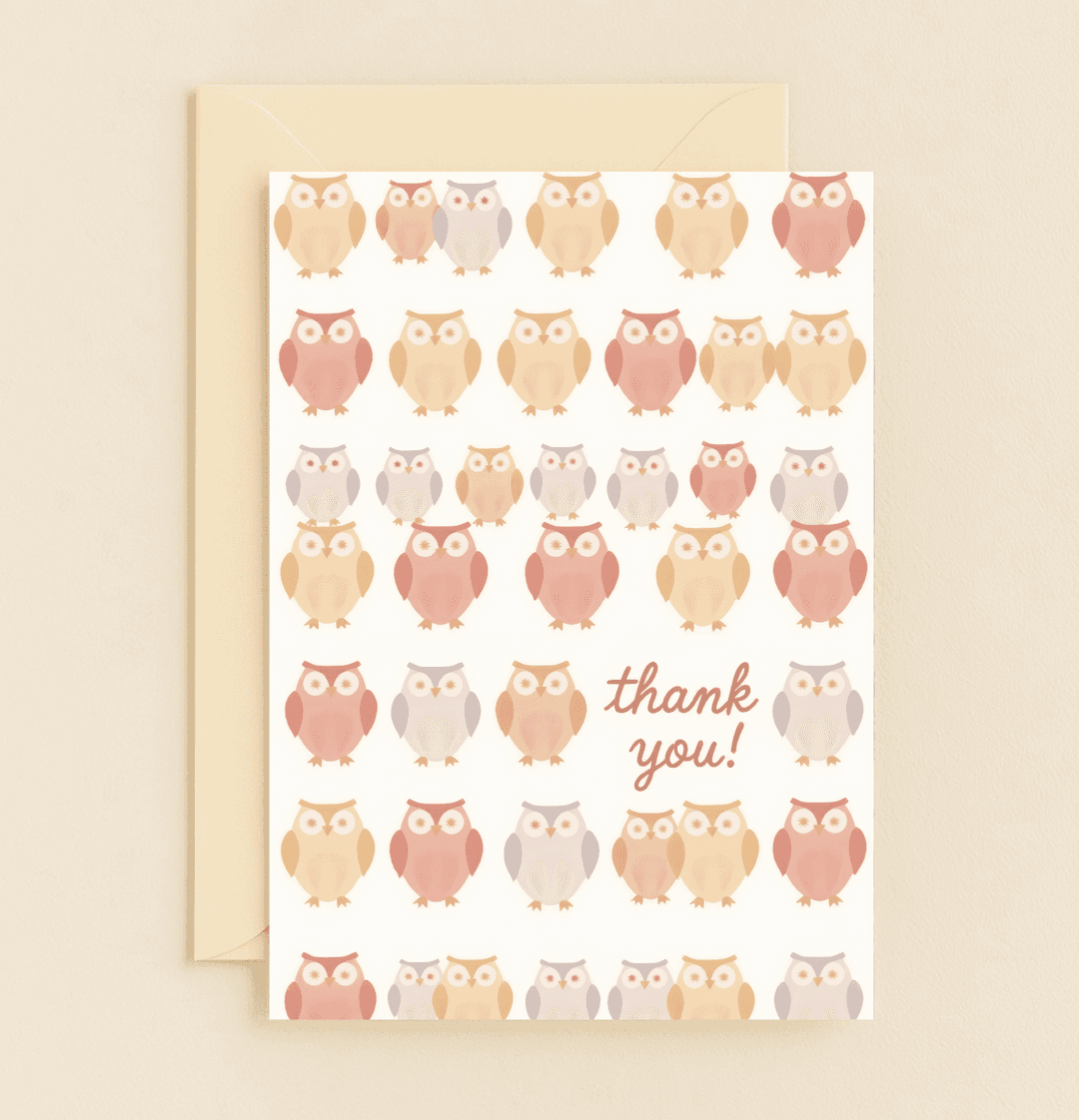 Delightfully express your gratitude with our "Owl Always Be Grateful" card, featuring charming pastel owls and playful wordplay in a warm, handwritten style.