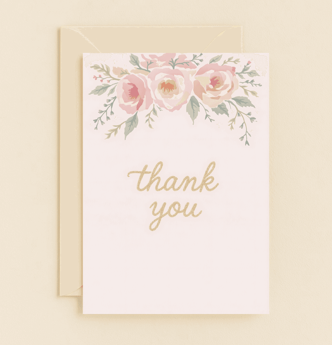 Express heartfelt gratitude with our Glittering Gratitude Blooms card, featuring pastel watercolor roses and shimmering gold "thank you" on a soft pink background.