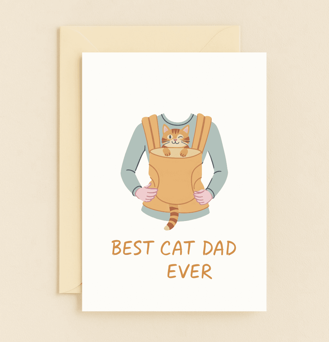 Celebrate the purr-fect cat dad this Father's Day with a charming card featuring a playful tabby in a backpack carrier, exuding love and humor.
