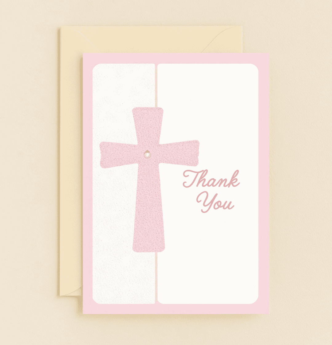 Express heartfelt gratitude with the "Graceful Gratefulness" card, featuring a pink cross, pearl accent, and elegant script in a minimalist religious design.