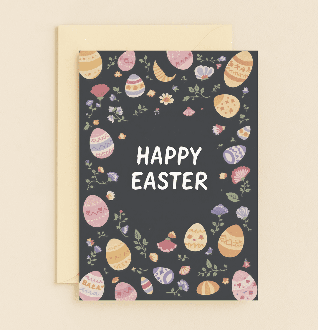 Celebrate Easter with our "Eggstraordinary Easter Greetings!" card, featuring vibrant eggs, blossoms, and playful puns on a striking dark backdrop.