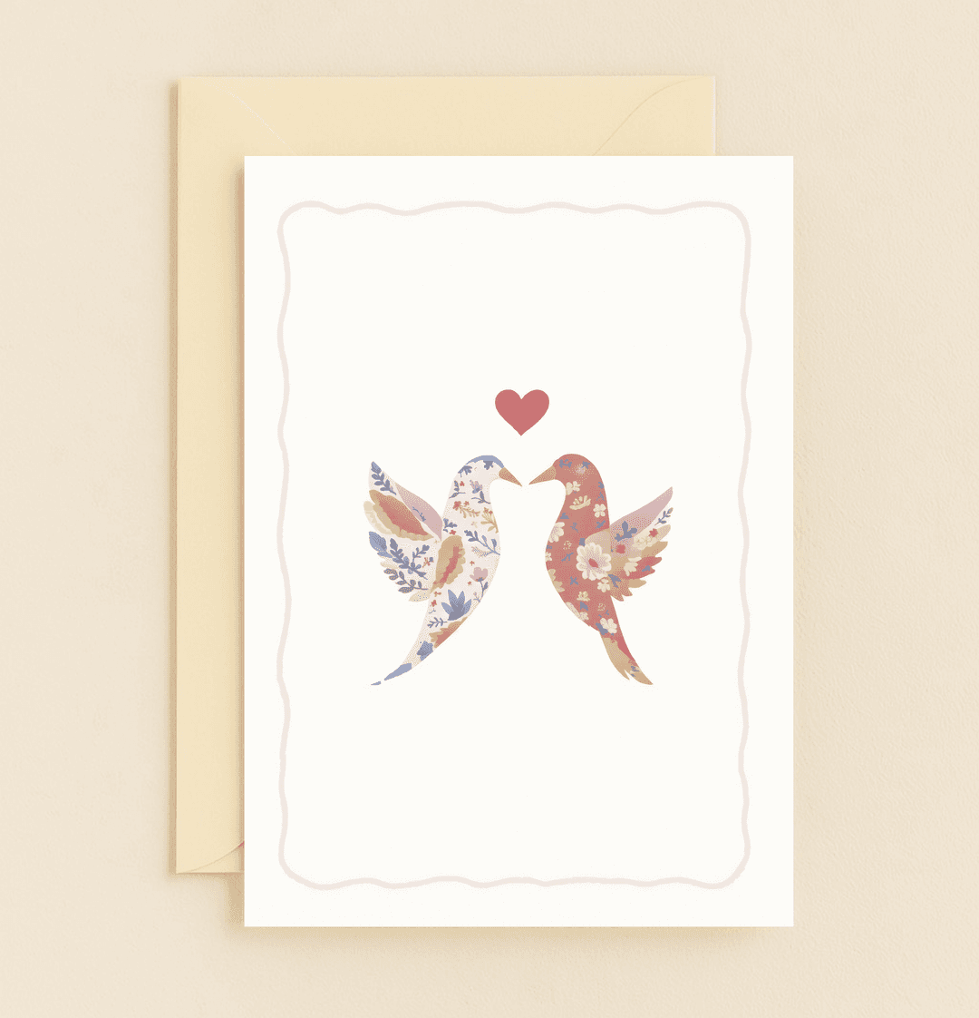 Celebrate your anniversary with a romantic card featuring lovebirds adorned with floral patterns, symbolizing togetherness and love in a botanical embrace.