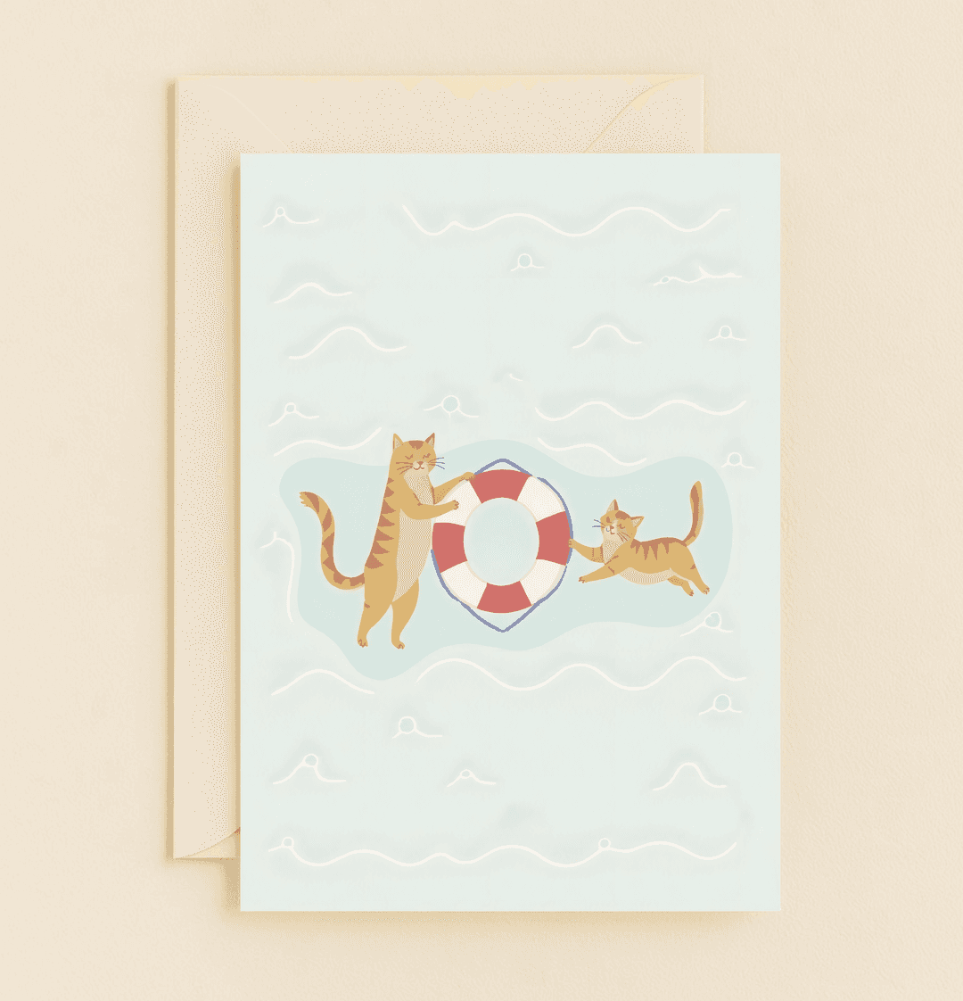 Express heartfelt thanks with this playful card featuring cheerful cartoon cats afloat on a life buoy, radiating lighthearted gratitude and friendship.