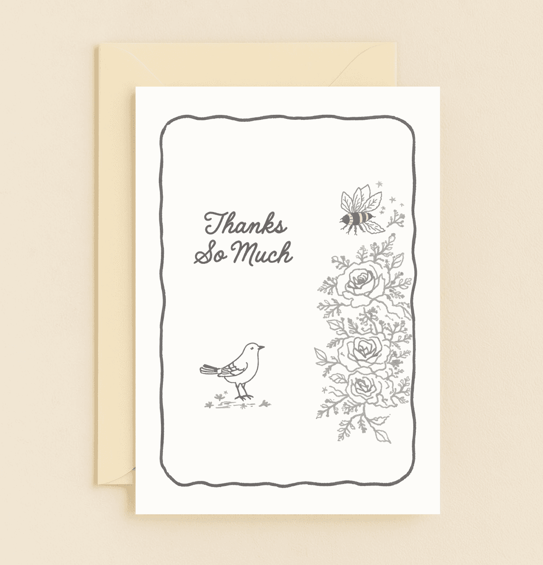 Express heartfelt gratitude with "Nature's Grateful Whispers," a hand-drawn card featuring elegant floral motifs, bees, and birds in a charming monochrome design.