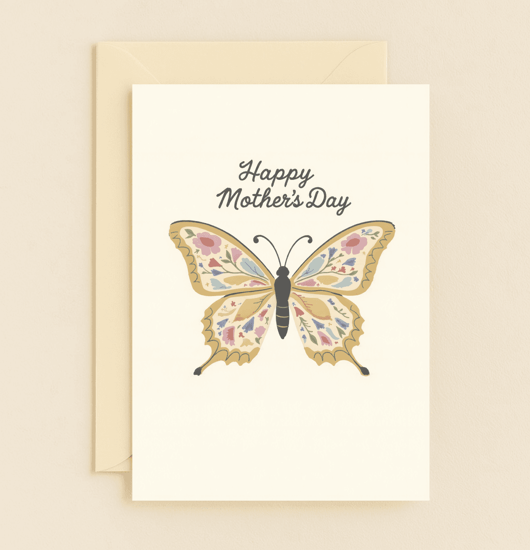 Celebrate Mother's Day with our elegant card featuring a stunning butterfly adorned with vibrant floral patterns, embodying love, nature, and gratitude.