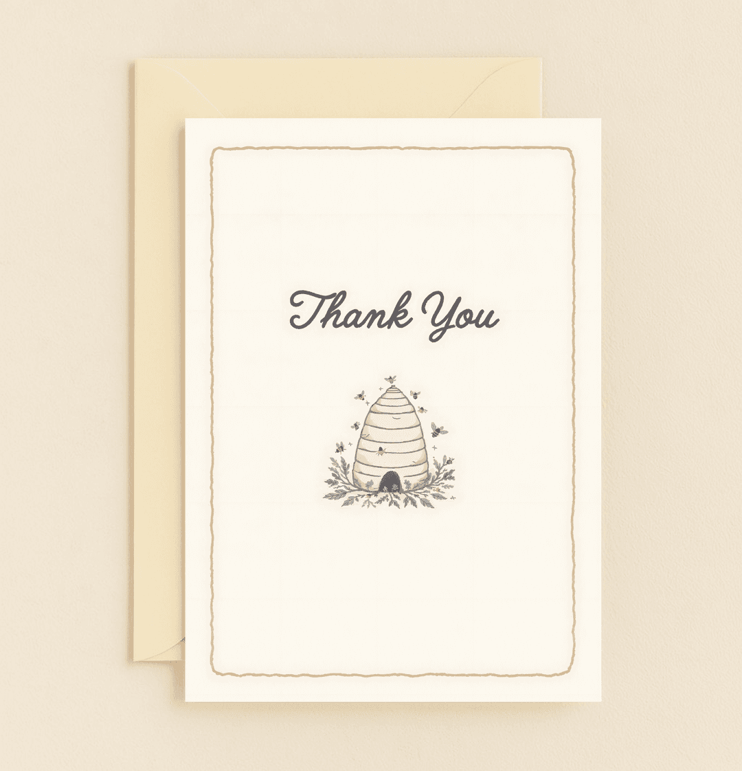 Express heartfelt gratitude with our charming "Bee-utiful Gesture of Thanks" card, featuring whimsical bees, a beehive, and lavender blooms on a rustic background.