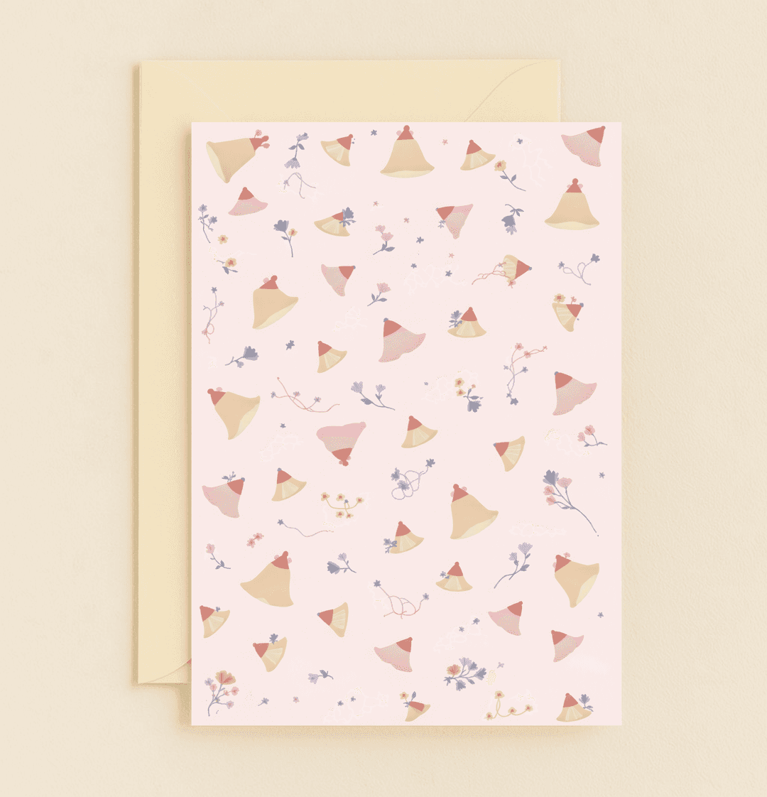 Celebrate Easter with "Chiming in Springtime Bliss," a whimsical card featuring pastel bells and flowers on a soft pink background.