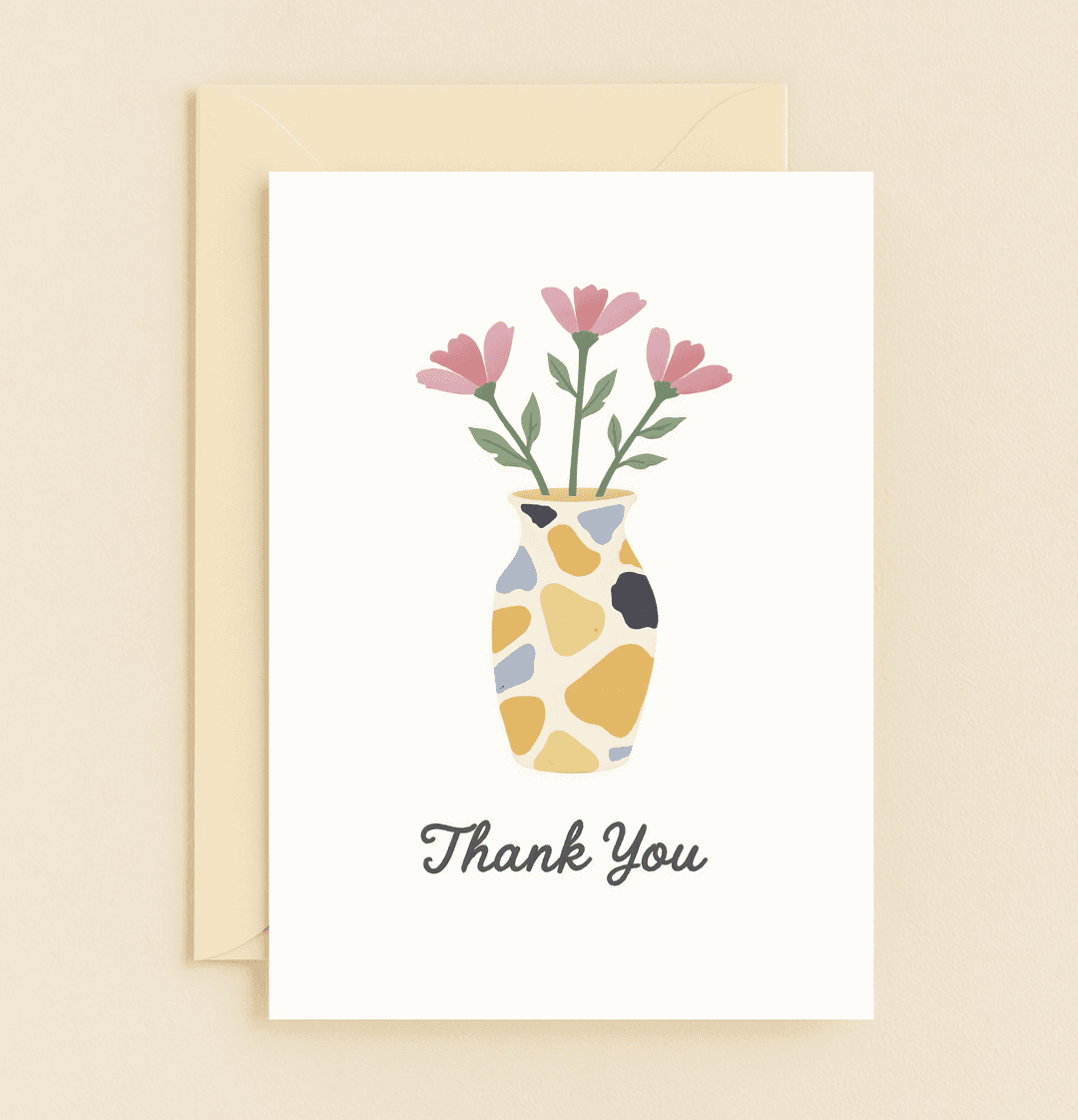 Express gratitude with our "Grateful Blooms in Artful Vase" card, featuring a minimalist abstract vase and vibrant pink flowers in a modern, elegant design.