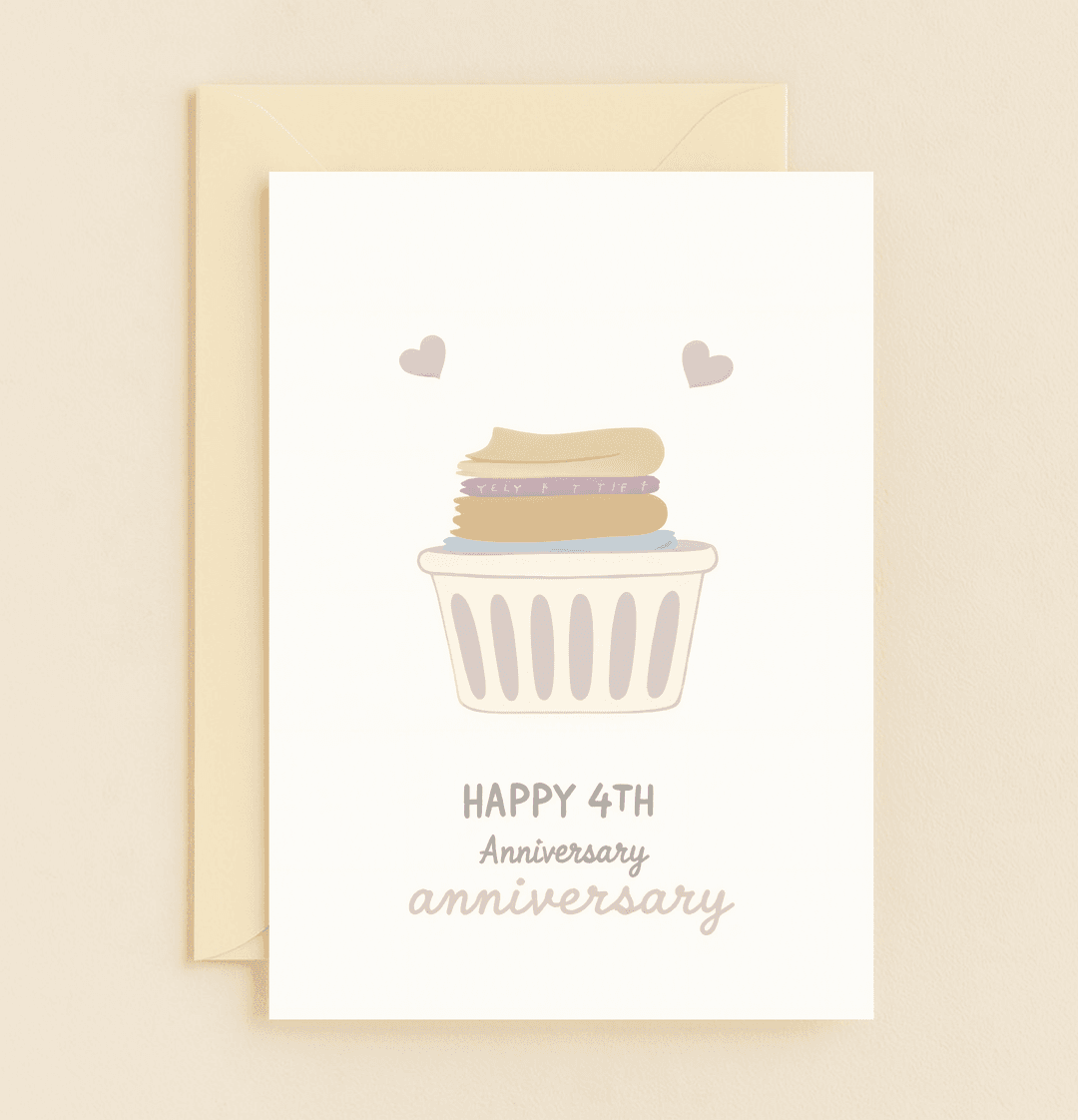 Celebrate four years of love and laughter with a whimsical anniversary card featuring folded clothes, hearts, and a touch of laundry-themed humor.