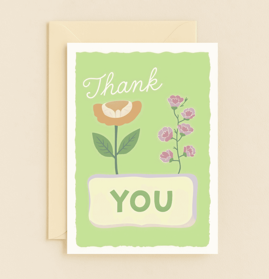 Express your gratitude with this charming thank you card featuring a green backdrop and vibrant blooms, perfectly blending nature's elegance and simplicity.