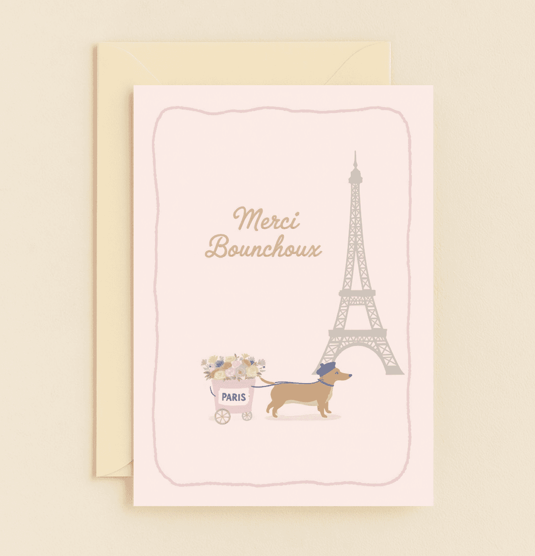 Say "merci" with a charming Parisian dachshund donning a beret, pulling a flower cart by the Eiffel Tower for a delightful thank-you card.
