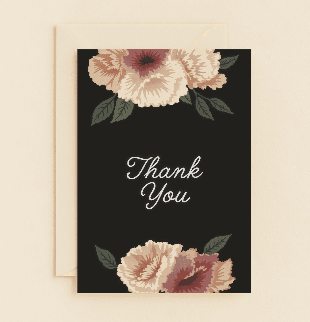 Express your gratitude with this elegant card featuring soft floral designs and a graceful script on a striking black background.