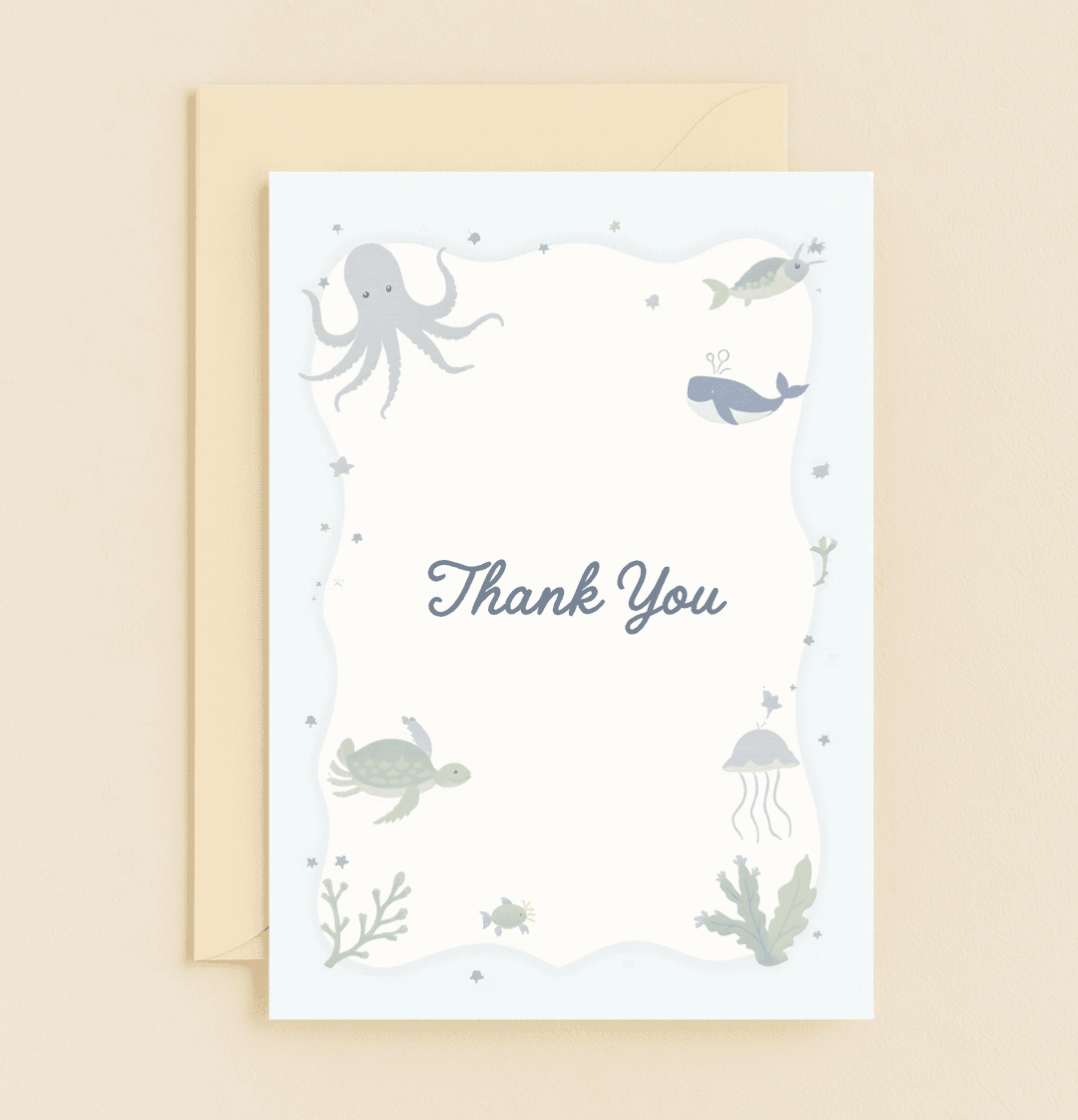Dive into heartfelt thanks with our "Ocean of Gratitude" card, featuring whimsical sea creatures and soft pastel hues for a serene underwater celebration.