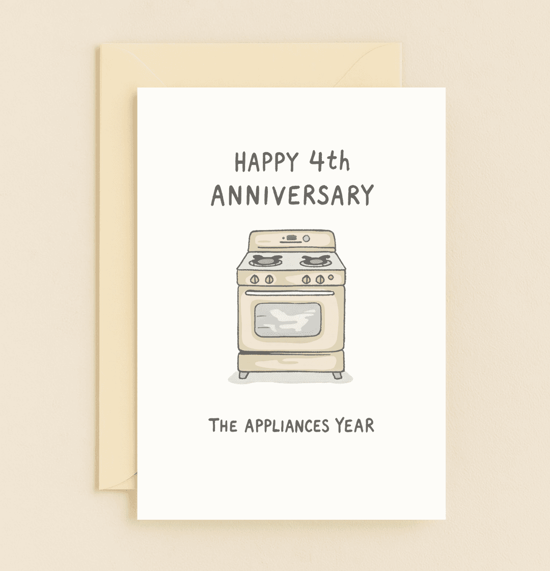 Celebrate four years with a dash of humor and vintage charm in our "Cook Up Love" anniversary card, perfect for pun lovers and appliance enthusiasts alike.