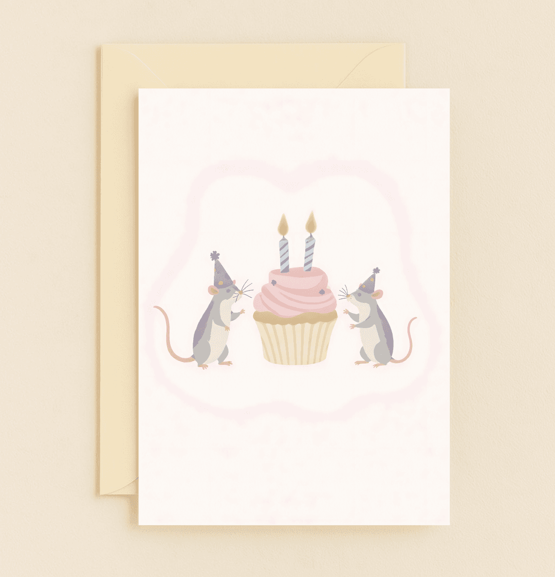 Celebrate a birthday with whimsical charm as two party-hat mice share cupcake dreams and candlelit wishes in this cute, festive greeting card.