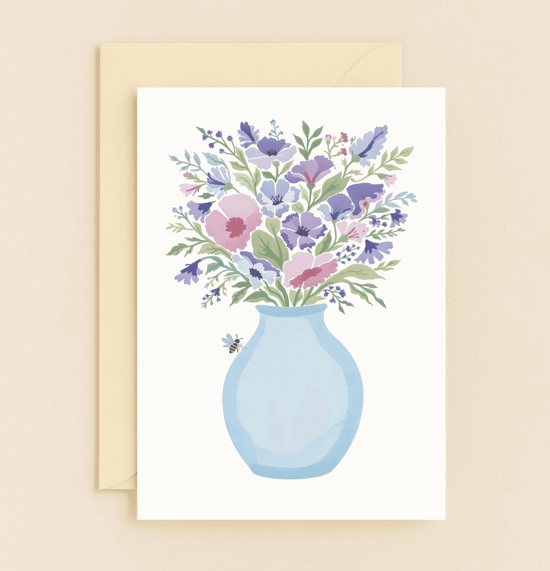 Celebrate Mother's Day with "Blooming Joy: A Mother's Love Bouquet," featuring a vibrant watercolor bouquet in a blue vase, adorned with a charming bee.