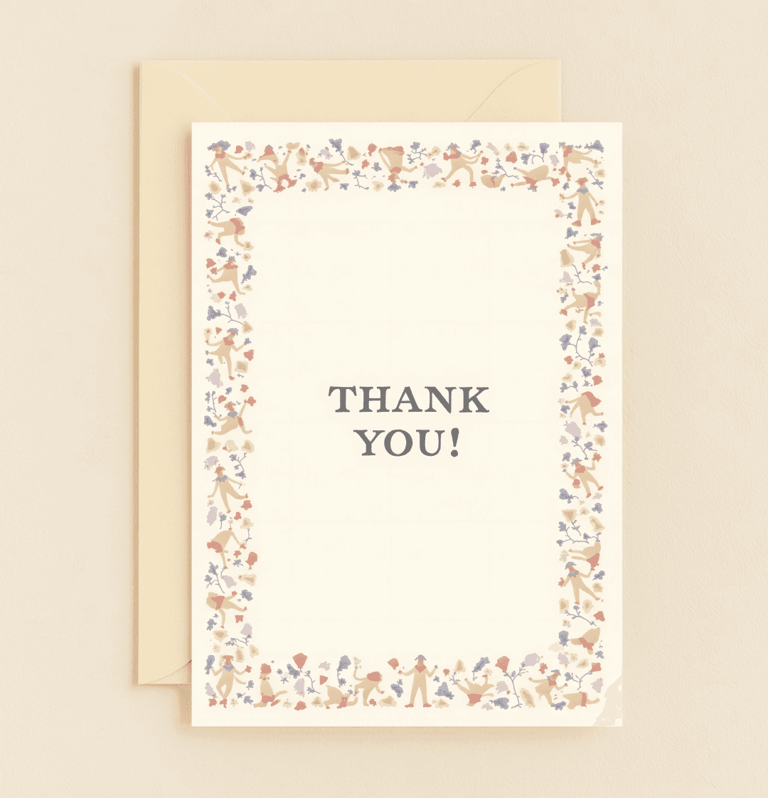Express gratitude with this elegant thank you card, featuring whimsical floral motifs and abstract figures celebrating nature in soft pastel hues.