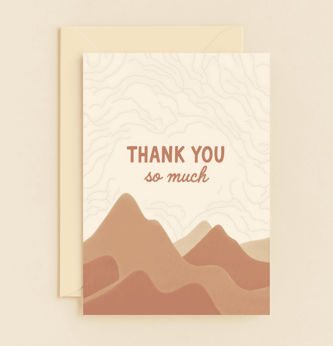 Express heartfelt gratitude with "Grateful Peaks of Appreciation," a minimalist thank you card featuring earthy mountain designs and topographic elegance.
