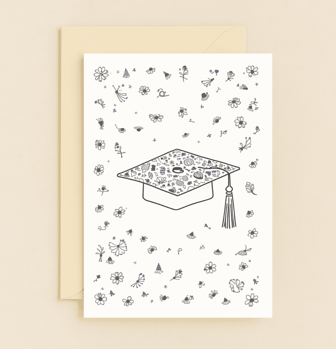 Celebrate their achievement with a whimsical graduation card featuring a floral-adorned cap and joyful doodles, perfect for their big day!.