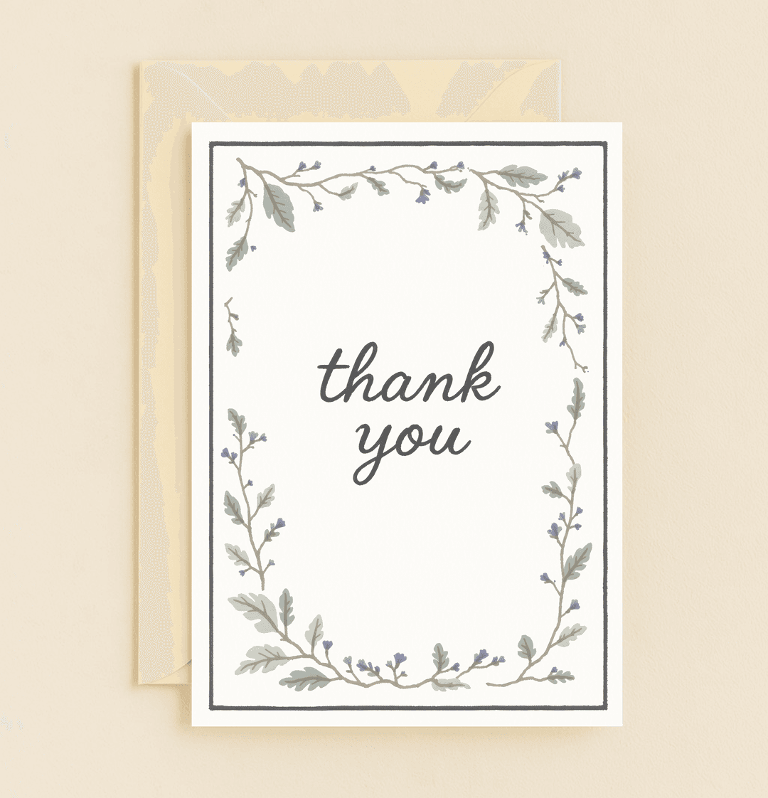 Express heartfelt gratitude with this minimalist thank you card, featuring a delicate floral border and handwritten-style font for a touch of elegance.