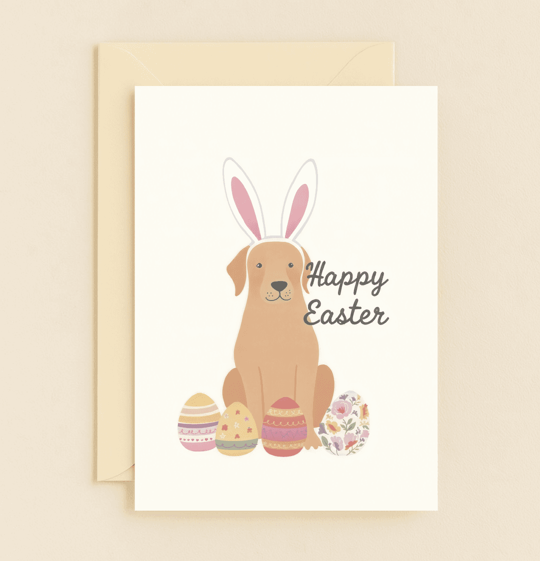 Bring joy this Easter with a whimsical card featuring a dog in bunny ears, surrounded by colorful Easter eggs, perfect for a cute and cheerful celebration.