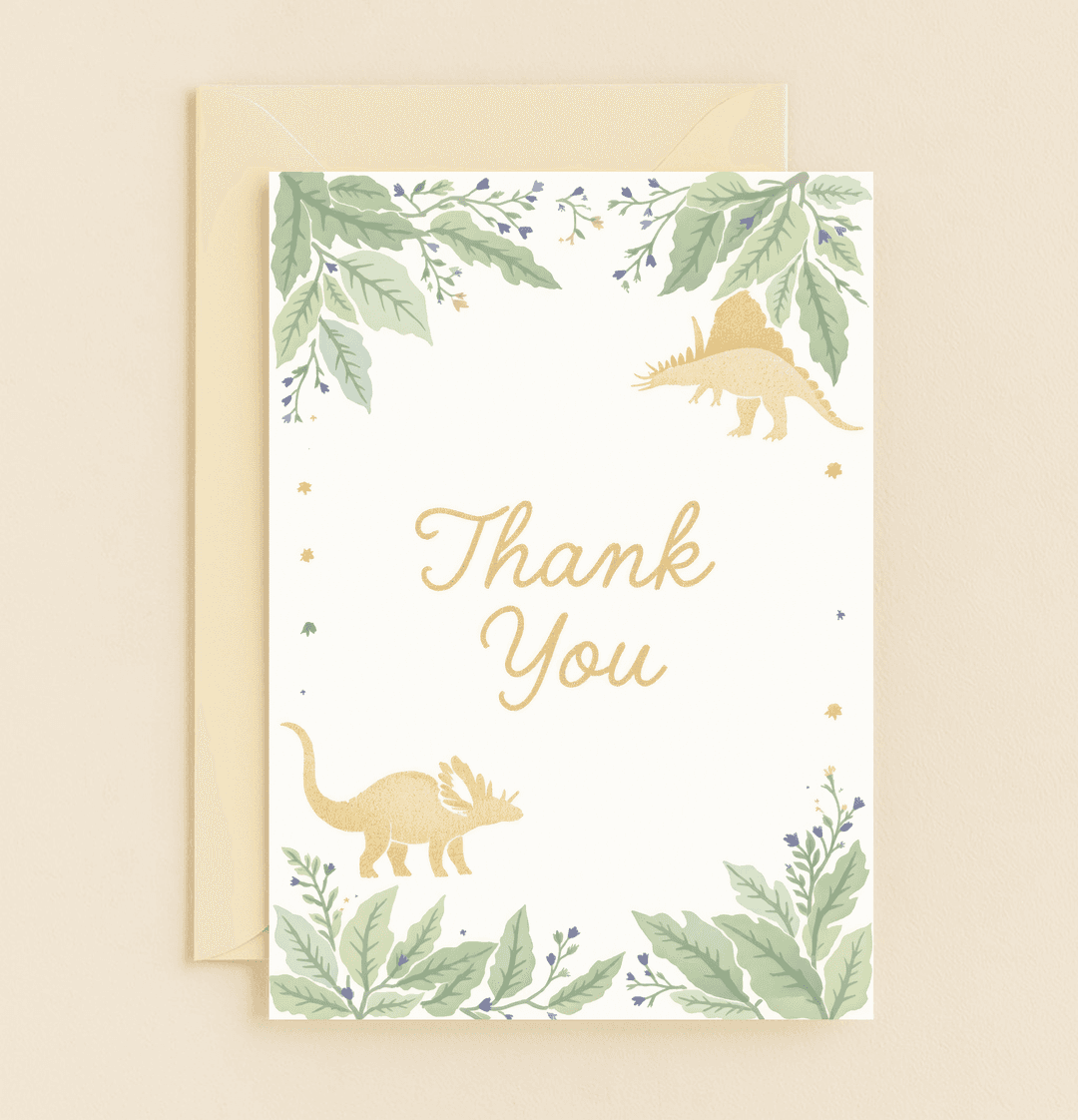 Express your gratitude with a whimsical touch as dinosaurs and nature bloom in watercolor elegance, featuring gold script and playful wordplay.