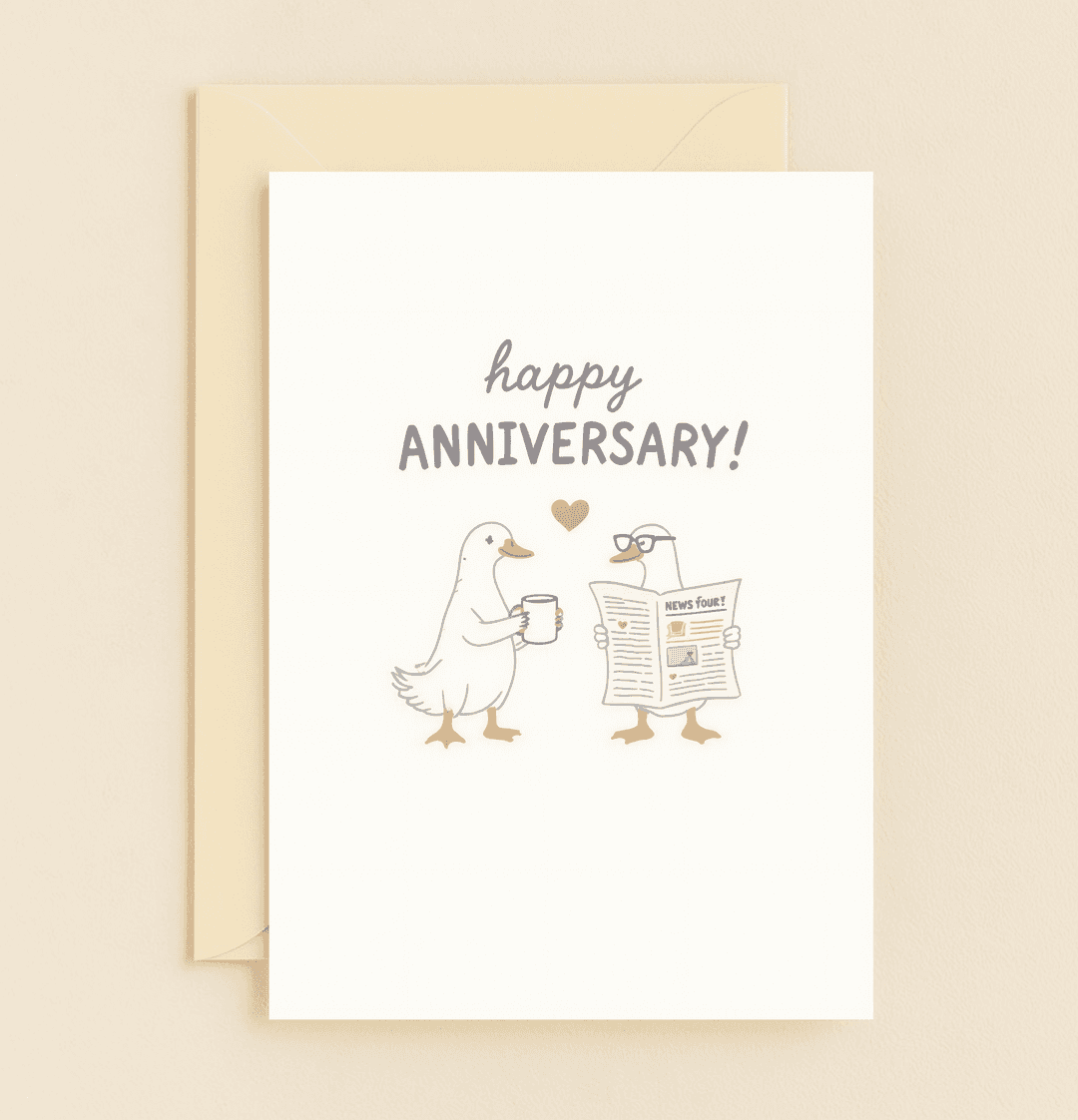 Celebrate your anniversary with a charming and humorous card featuring lovable ducks sharing coffee, news, and a heartwarming connection.