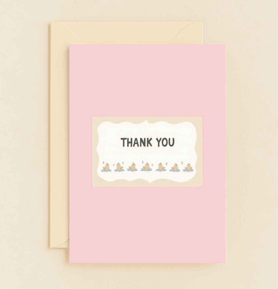 Express your gratitude with a whimsical touch featuring cute ducks, musical notes, and stars on a charming pink thank you card.