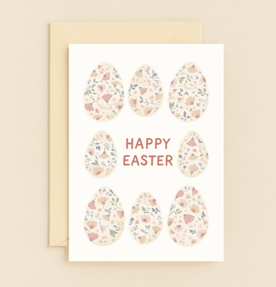 Celebrate Easter with a charming card featuring pastel floral-patterned eggs encircling a joyful "HAPPY EASTER" message, perfect for spring greetings.