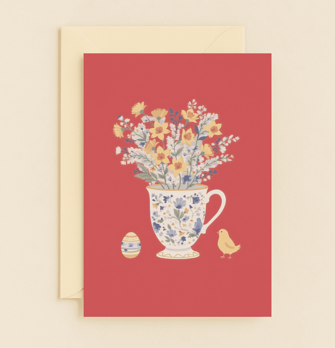 Celebrate Easter with a charming card featuring a floral teacup, vibrant bouquet, cheerful chick, and intricate Easter egg, all evoking springtime renewal.