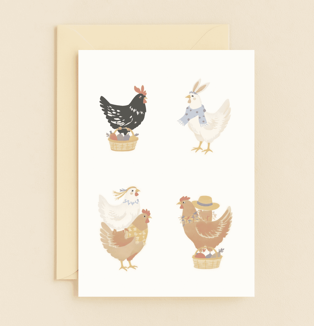 Celebrate Easter with playful chickens dressed in bunny ears, hats, and scarves, bringing whimsical charm and festive cheer to your springtime greetings.