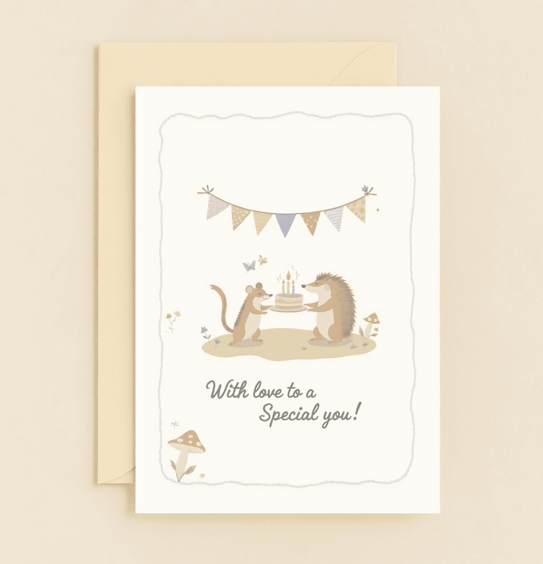 Delight in whimsical humor with "Forest Friends Birthday Surprise," where a mouse and hedgehog present a candlelit cake amid festive bunting and nature's charm.
