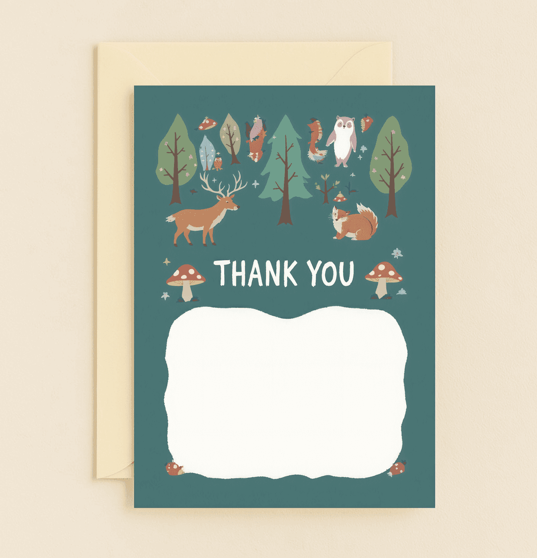 Express your gratitude with this enchanting woodland-themed card featuring charming animals and forest elements, perfect for heartfelt thanks.