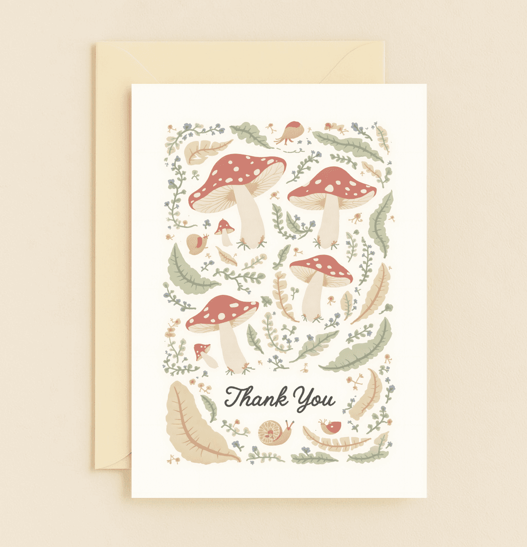 Express gratitude with our whimsical "Mushroom Magic" card, featuring charming red mushrooms, playful snails, and birds amidst nature's vibrant foliage.