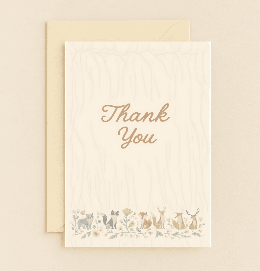 Express your gratitude with this charming card featuring a pastel woodland scene of friendly animals and flowers, perfect for nature lovers.
