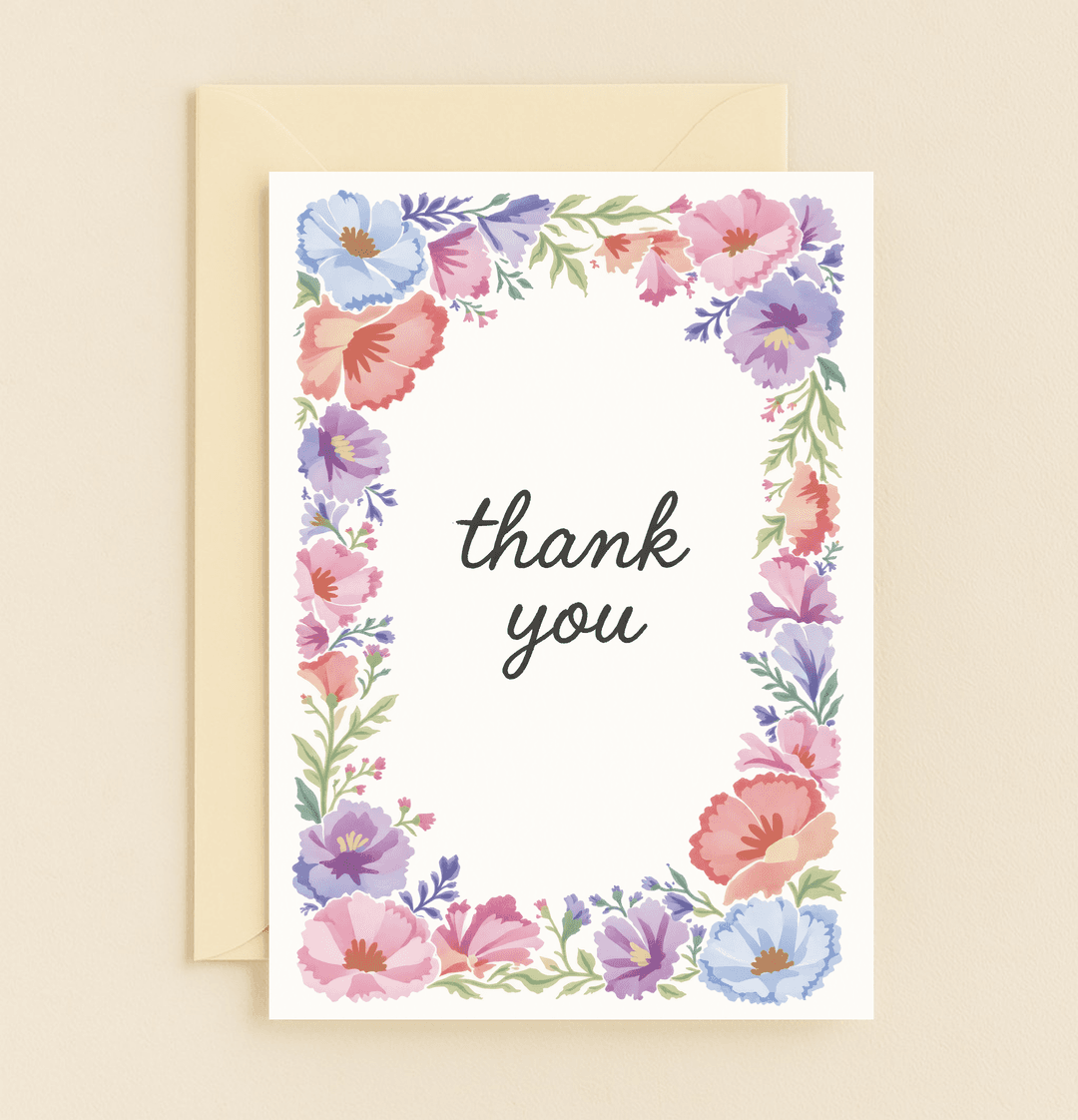 Express heartfelt gratitude with this elegant card, featuring a vibrant watercolor floral border and a simple "thank you" in stylish script.
