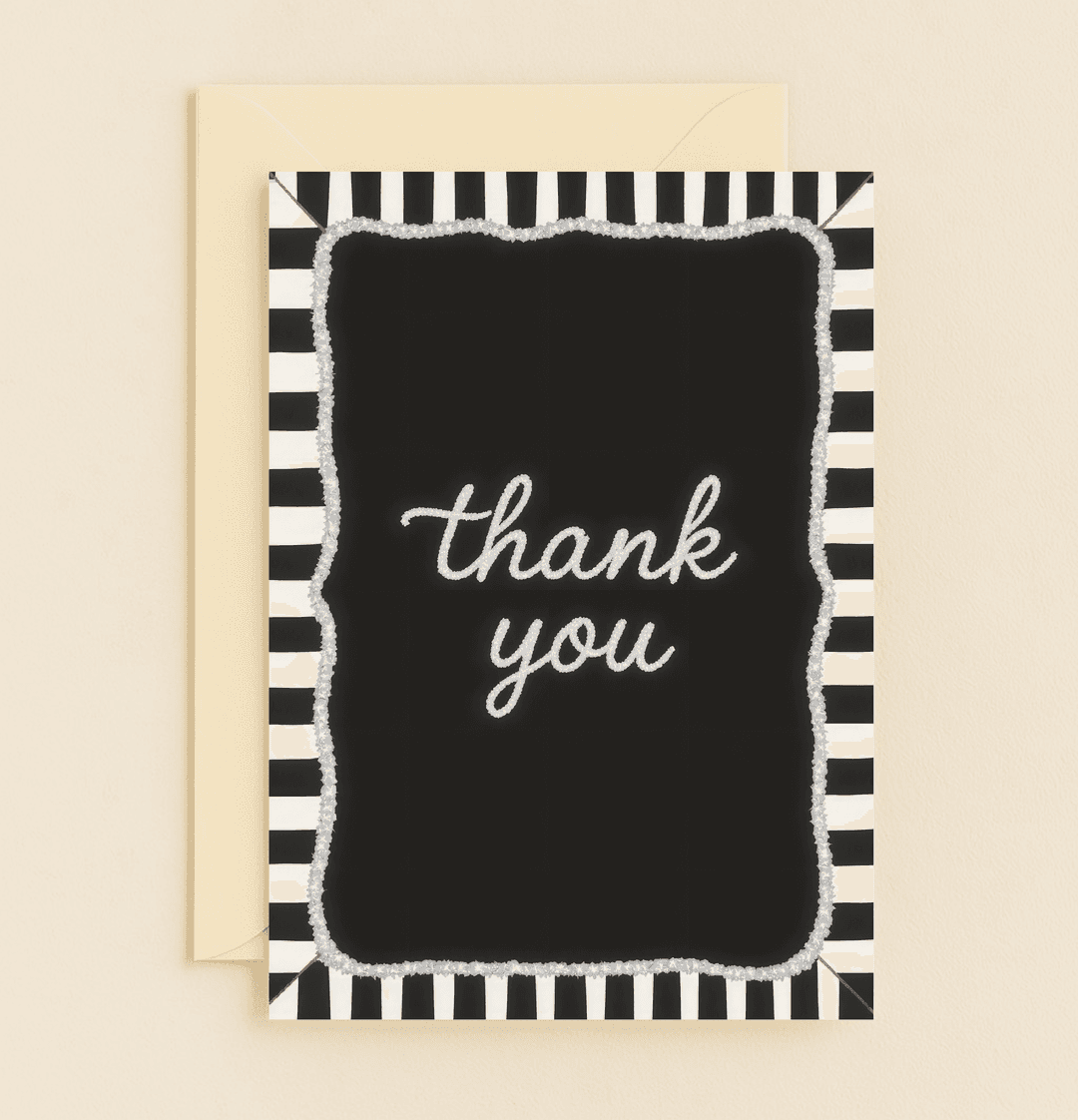 Express your appreciation with "Elegance in Gratitude," a monochrome thank you card featuring striking stripes and sophisticated script on a bold black background.