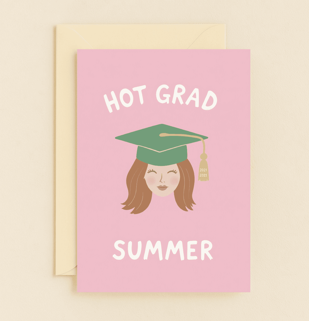 Celebrate your graduate's achievements with this playful "HOT GRAD SUMMER" card, featuring a smiling face, vibrant colors, and a touch of humor.